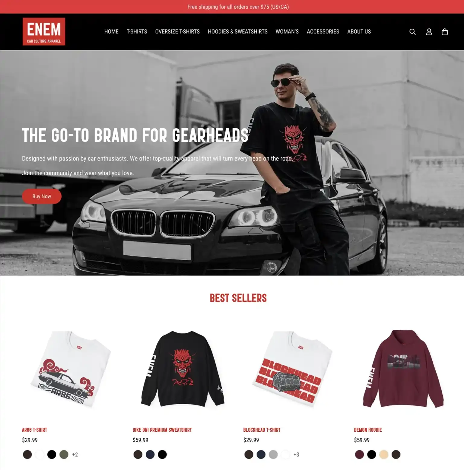 ENEM Car Culture — Shopify build by Digital TEN X, a car-culture apparel brand, built for the prints and the people who get them